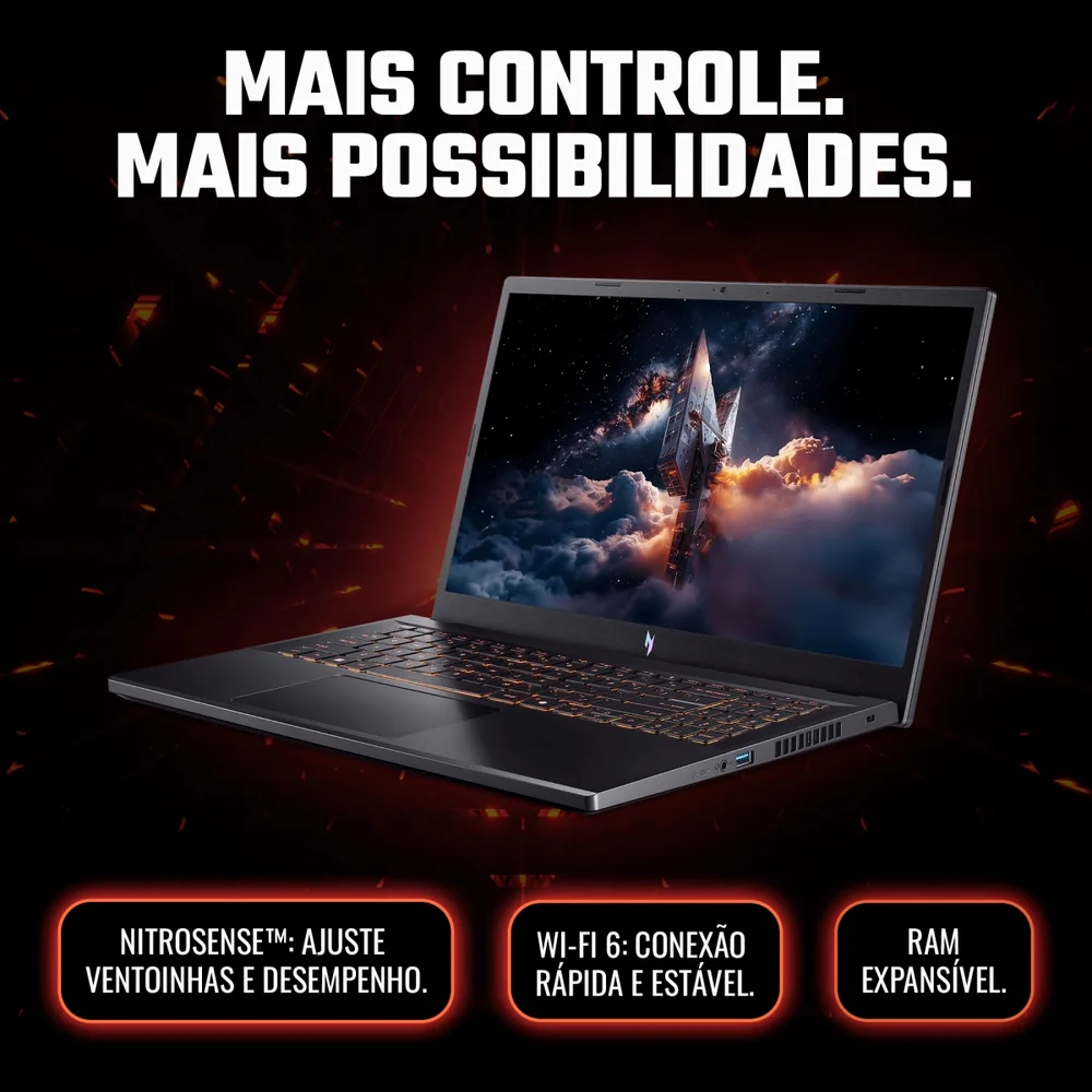 Imagem 4 de 5 do produto Notebook Gamer Acer Nitro V15, Intel Core i9-13900H 13ª Geração, 16GB RAM, SSD 512GB, RTX 4060, Tela 15.6" Full HD, Windows 11 Home - ANV15-52-96AQ