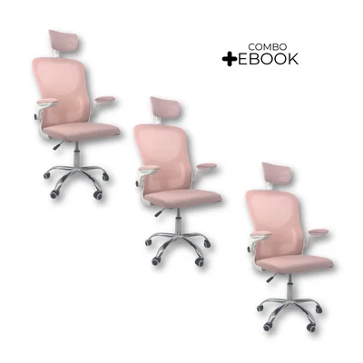 Kit 3 Cadeiras De Escritório Diretor Oficial Vegas Com Apoio - Rosa Branco