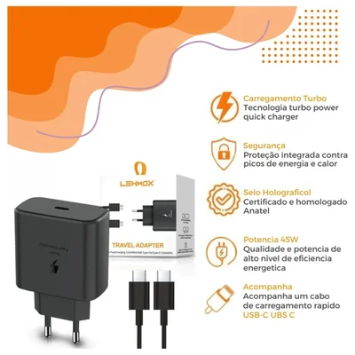 Fonte Para Celular Usb-c Fast Charge Preto   Bivolt