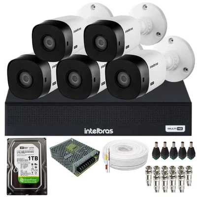 Kit Cftv Intelbras 5 Câmeras Full Hd 1220b Intelbras Dvr Intelbras 08 Canais 1108-c  C/hd.