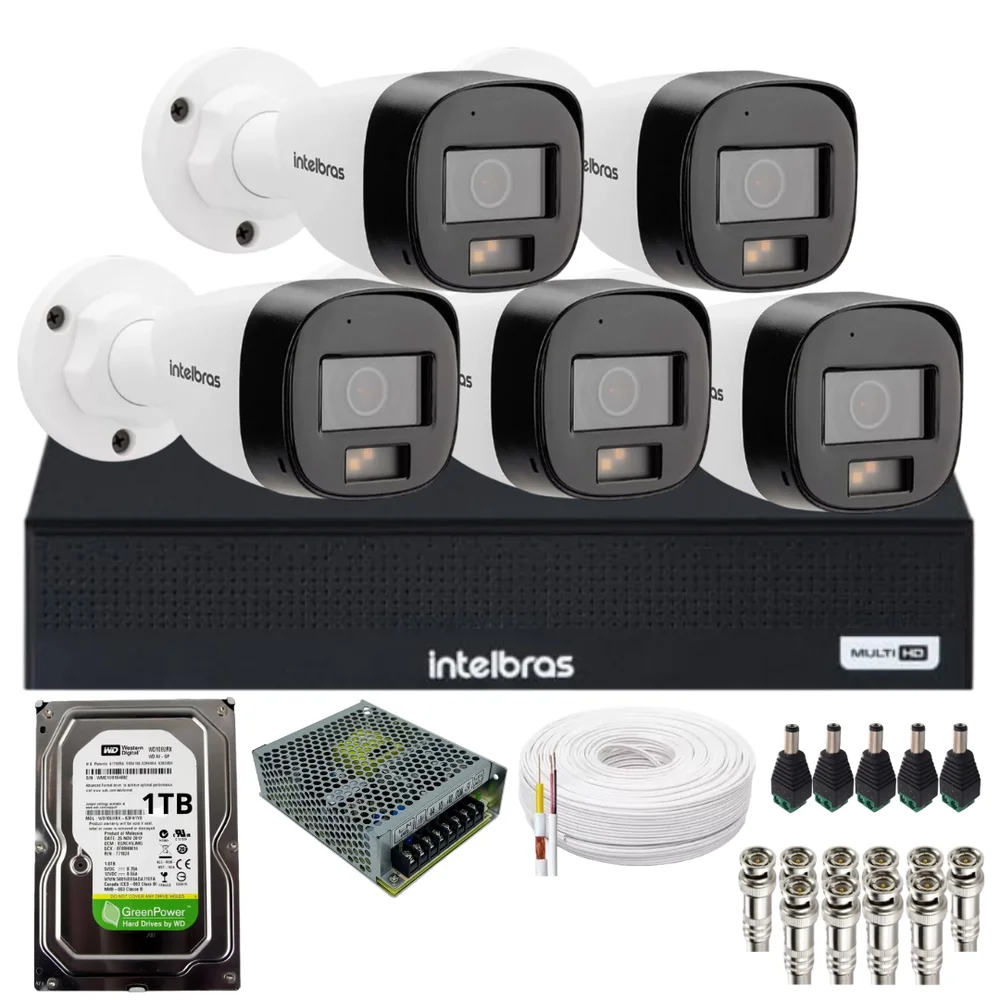 Imagem 1 de 5 do produto Kit Monitoramento 5 Câmeras Intelbras Vhd 3220 B Full Color Com Áudio Dvr Intelbras 08 Canais 1108-c Acompanha Hd 1TB.