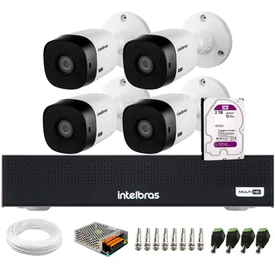 Kit 4 Câmeras Intelbras Vhl 1120 B Hd 720p Visão Noturna 20m Ip66 + Dvr Mhdx 1104c 4 Canais + Hd 2TB