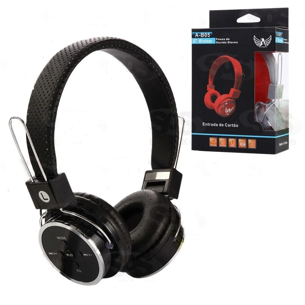 Imagem 3 de 5 do produto Fone De Ouvido Bluetooth Sem Fio Preto Entrada Cartão De Memoria, Radio Fm, Equalizador Integrado.
