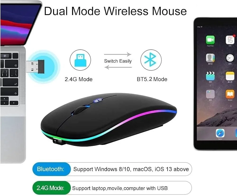 Imagem 2 de 5 do produto Mouse Sem Fio Megan Tech Mouse Sem Fio Com Luz RGB Preta