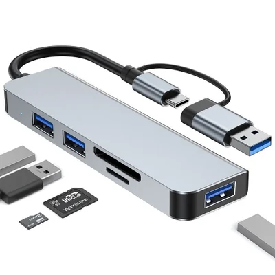 Hub Usb-c 5 Em 1 Com Leitor De Cartão De Memória E 3 Portas Usb 3.0, Para PC, Laptops, Macbook Pro/air, Imac Pro, Surface E Tablet