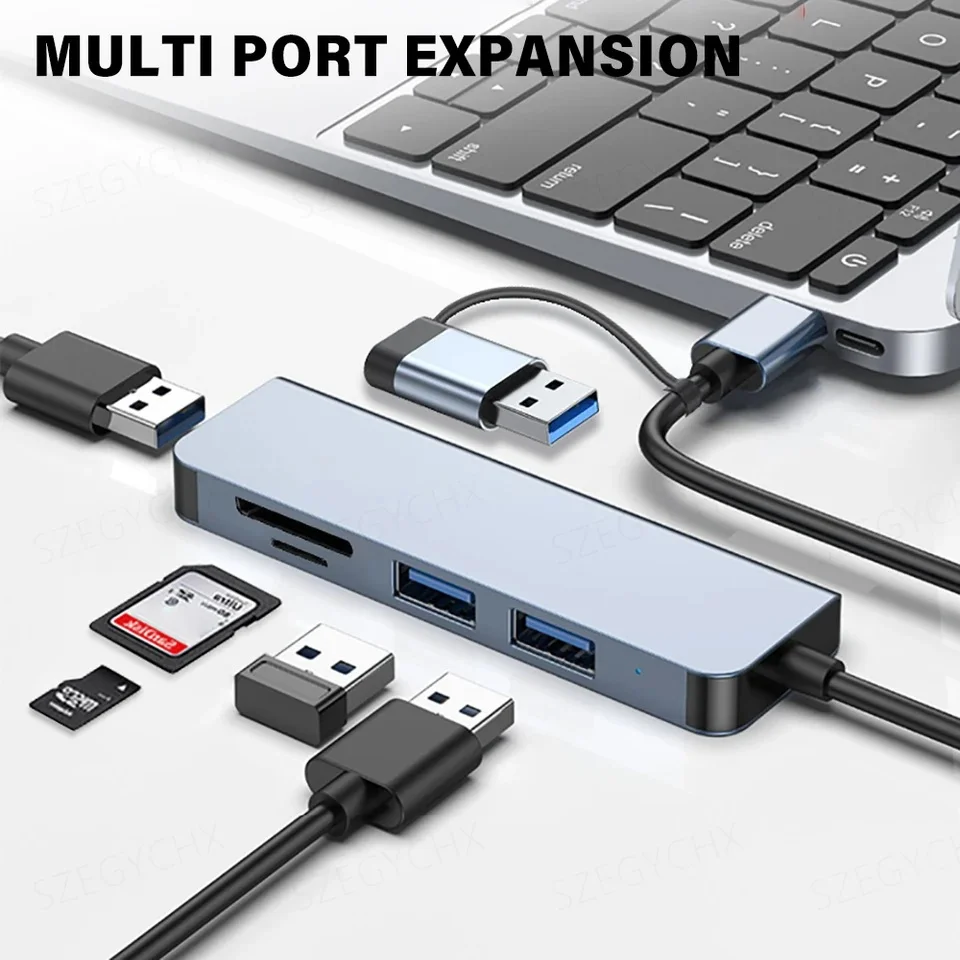 Imagem 2 de 4 do produto Hub Usb-c 5 Em 1 Com Leitor De Cartão De Memória E 3 Portas Usb 3.0, Para PC, Laptops, Macbook Pro/air, Imac Pro, Surface E Tablet