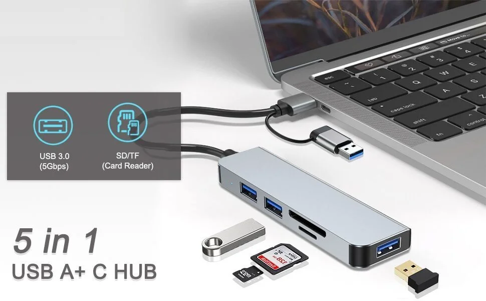 Imagem 3 de 4 do produto Hub Usb-c 5 Em 1 Com Leitor De Cartão De Memória E 3 Portas Usb 3.0, Para PC, Laptops, Macbook Pro/air, Imac Pro, Surface E Tablet