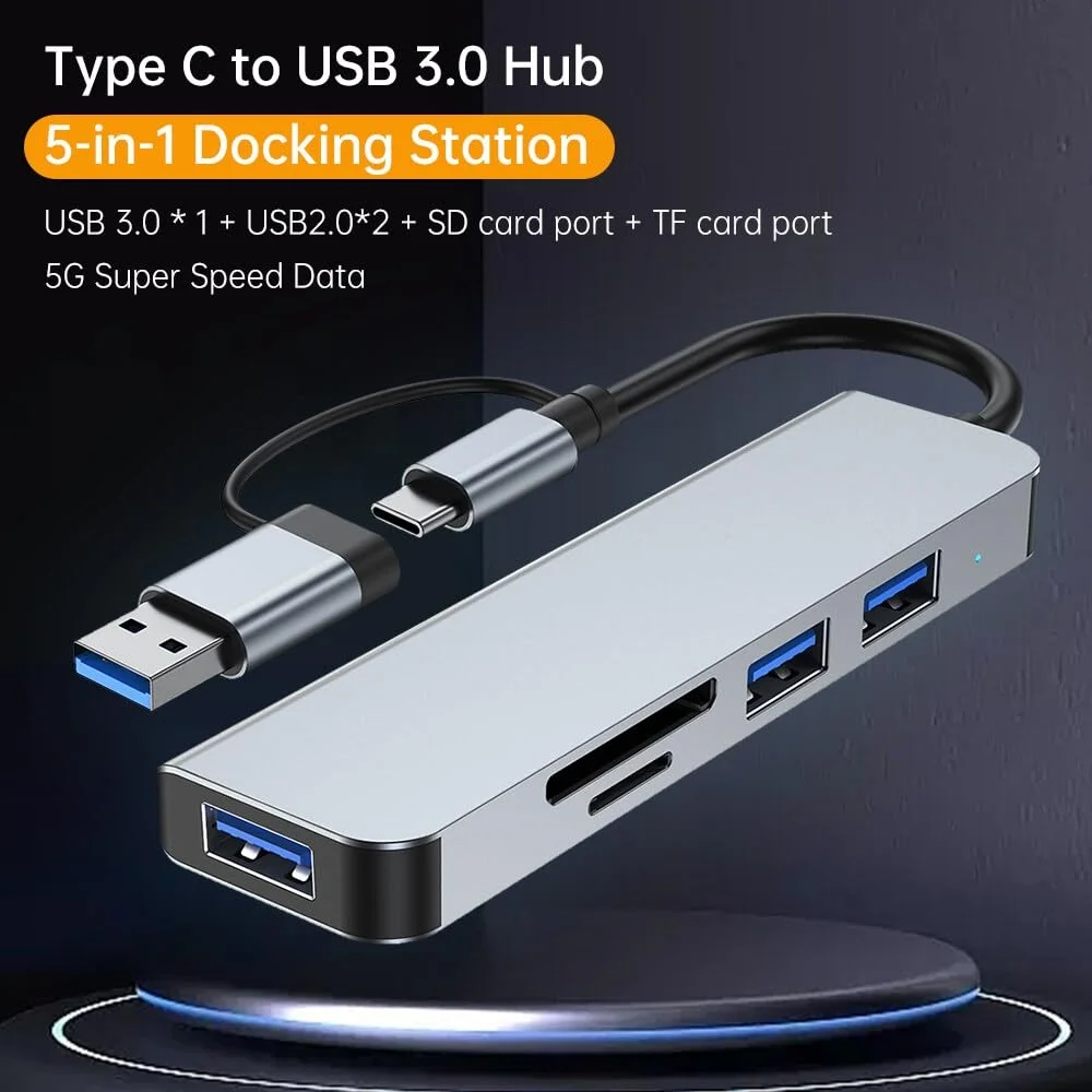 Imagem 4 de 4 do produto Hub Usb-c 5 Em 1 Com Leitor De Cartão De Memória E 3 Portas Usb 3.0, Para PC, Laptops, Macbook Pro/air, Imac Pro, Surface E Tablet