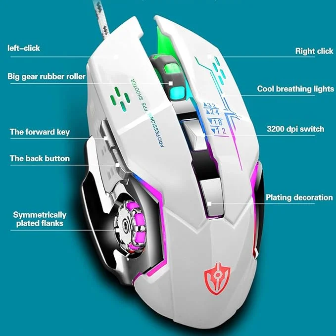 Imagem 3 de 5 do produto Mouse Gamer RGB, 3200 Dpi, 6 Botões Programáveis, Design Ergonômico, Com Fio Usb
