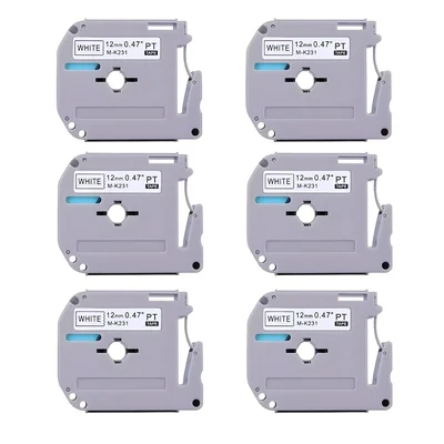 6x Fita Adesiva Brother Compatível Mk231 Cm Preta Branca 12 Mm 0,47 Pt-45m-231 Mk-231 M-k231s