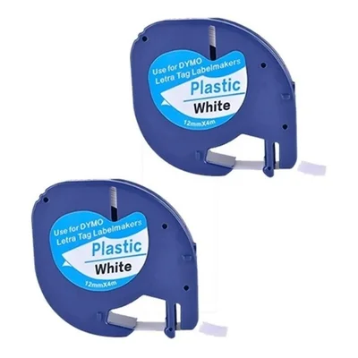 2x Fita Plástica Compatível Dymo Letratag 12mm Branca 91201 Cor Fita Branca - Letra Preta