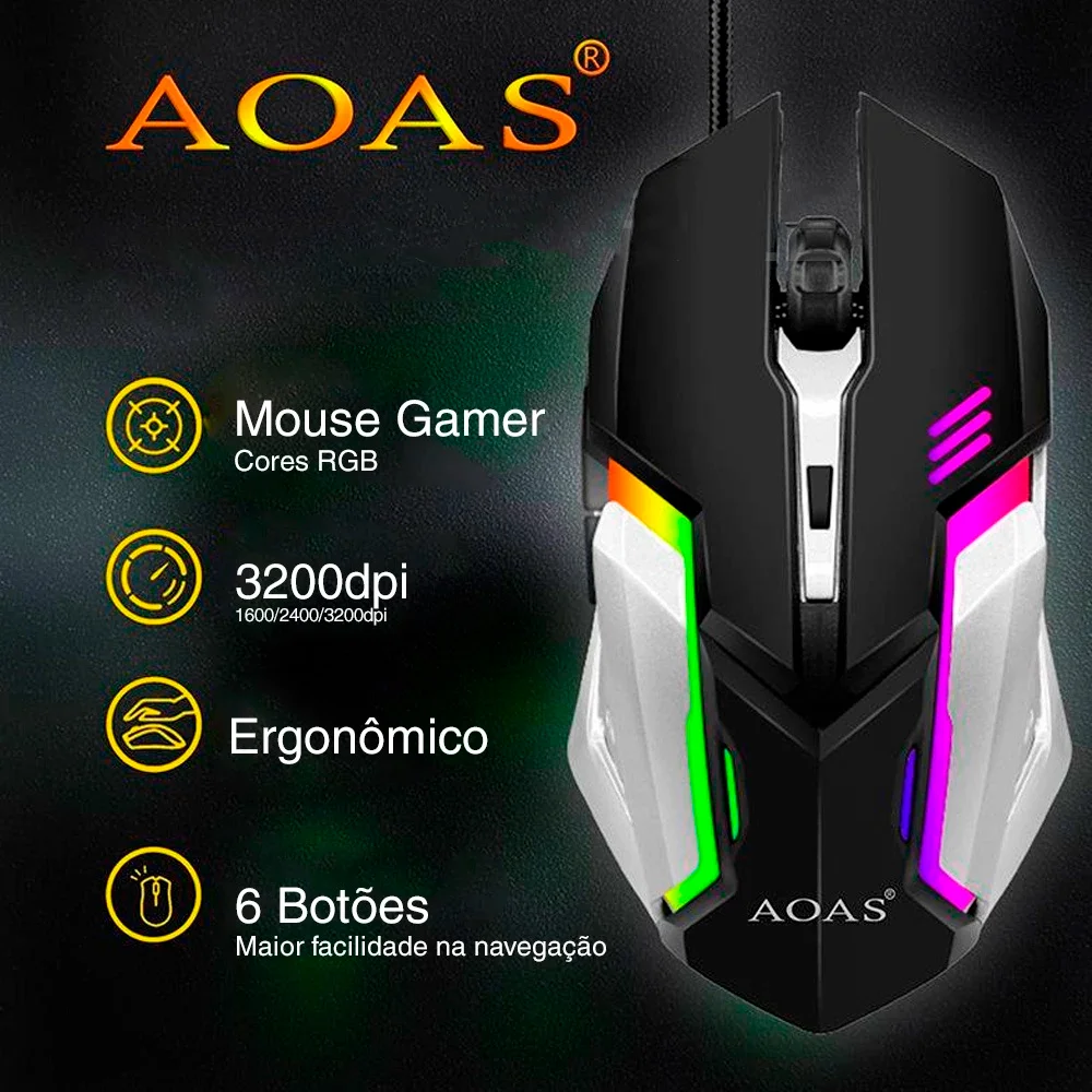 Imagem 2 de 5 do produto Mouse Gamer Usb 1,4m LED RGB Botões 3200dpi