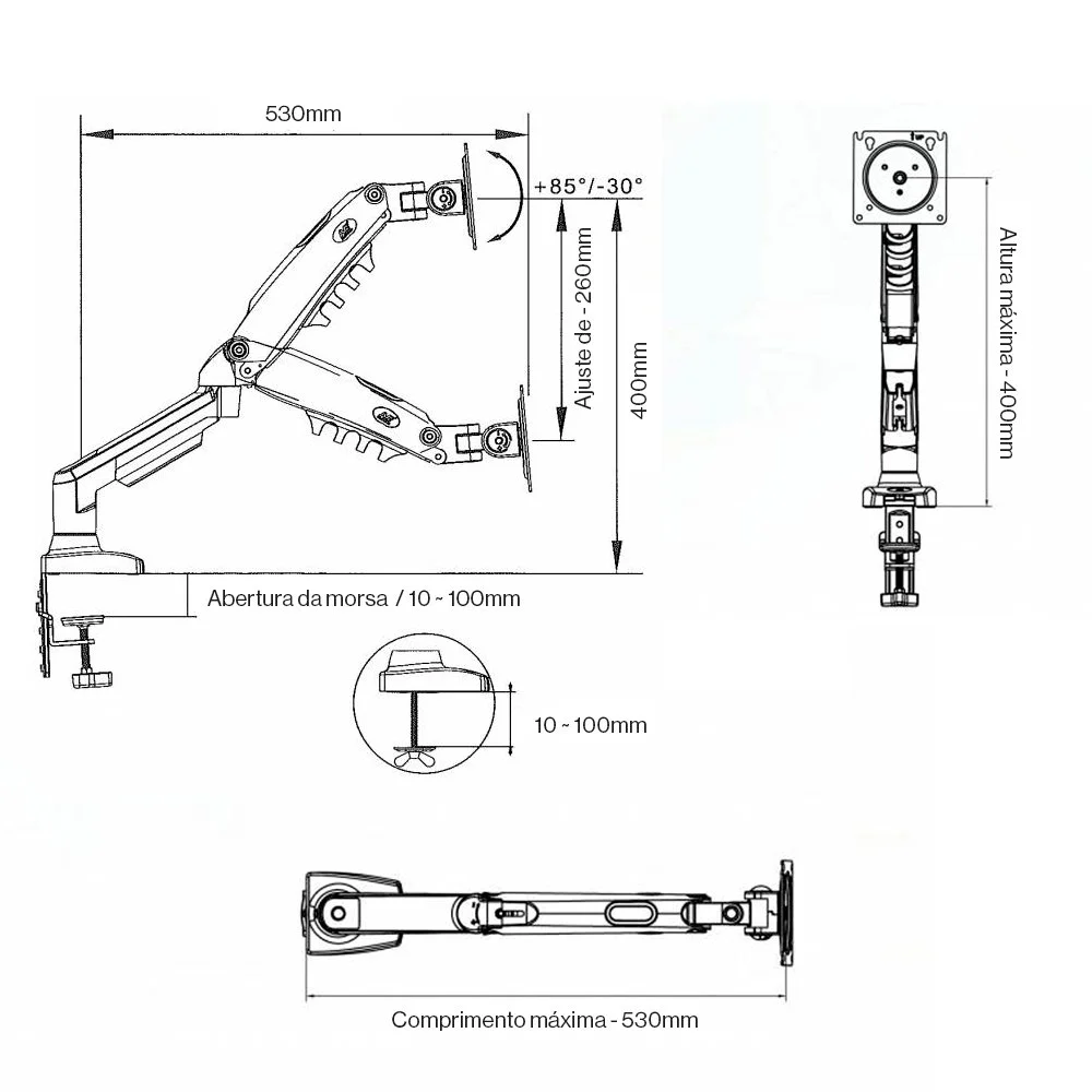 Imagem 3 de 5 do produto Kit Suporte Articulado Pistão A Gás F80 Nb + Bandeja Nbh-2