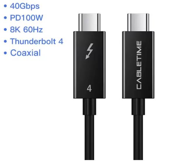 Cabo Usb Tipo C Thunderbolt 4 8k 40gbps 100w Cabletime 1,8 Metros