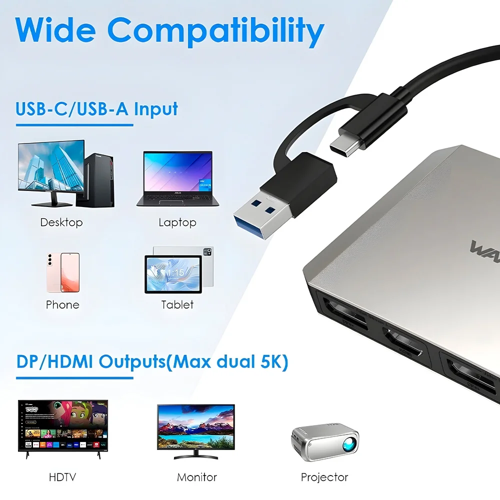 Imagem 3 de 5 do produto Hub Usb A/c Wavlink Para Displayport 5k/60hz HDMI 4k/60