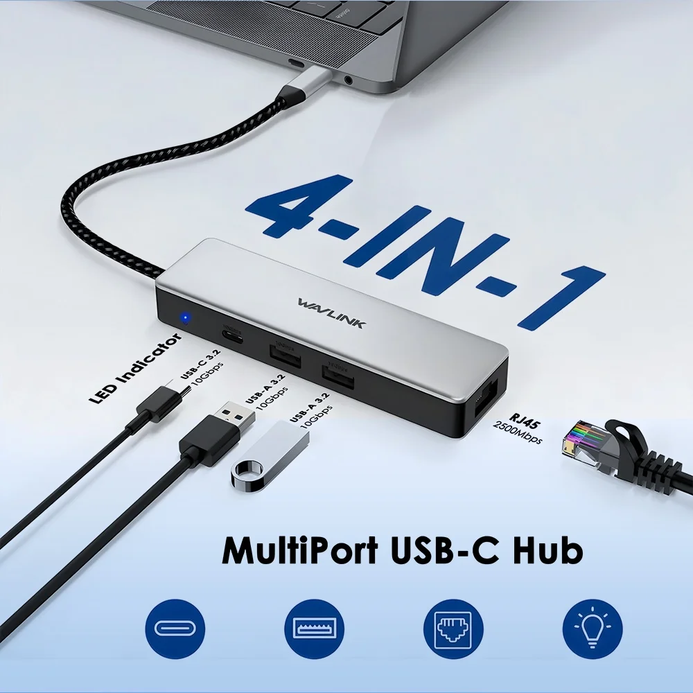 Imagem 2 de 5 do produto Hub Usb C Wavlink Para Rj45 Ethernet Fêmea 2.5gbps Prata