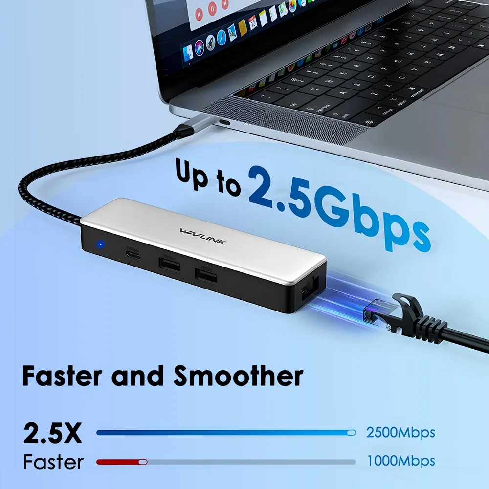 Imagem 5 de 5 do produto Hub Usb C Wavlink Para Rj45 Ethernet Fêmea 2.5gbps Prata