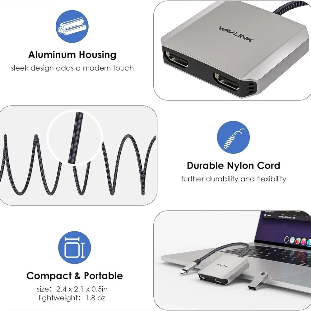 Imagem 2 de 5 do produto Conversor Usb C Wavlink Para Duplo HDMI 4k/60hz Pd 87w