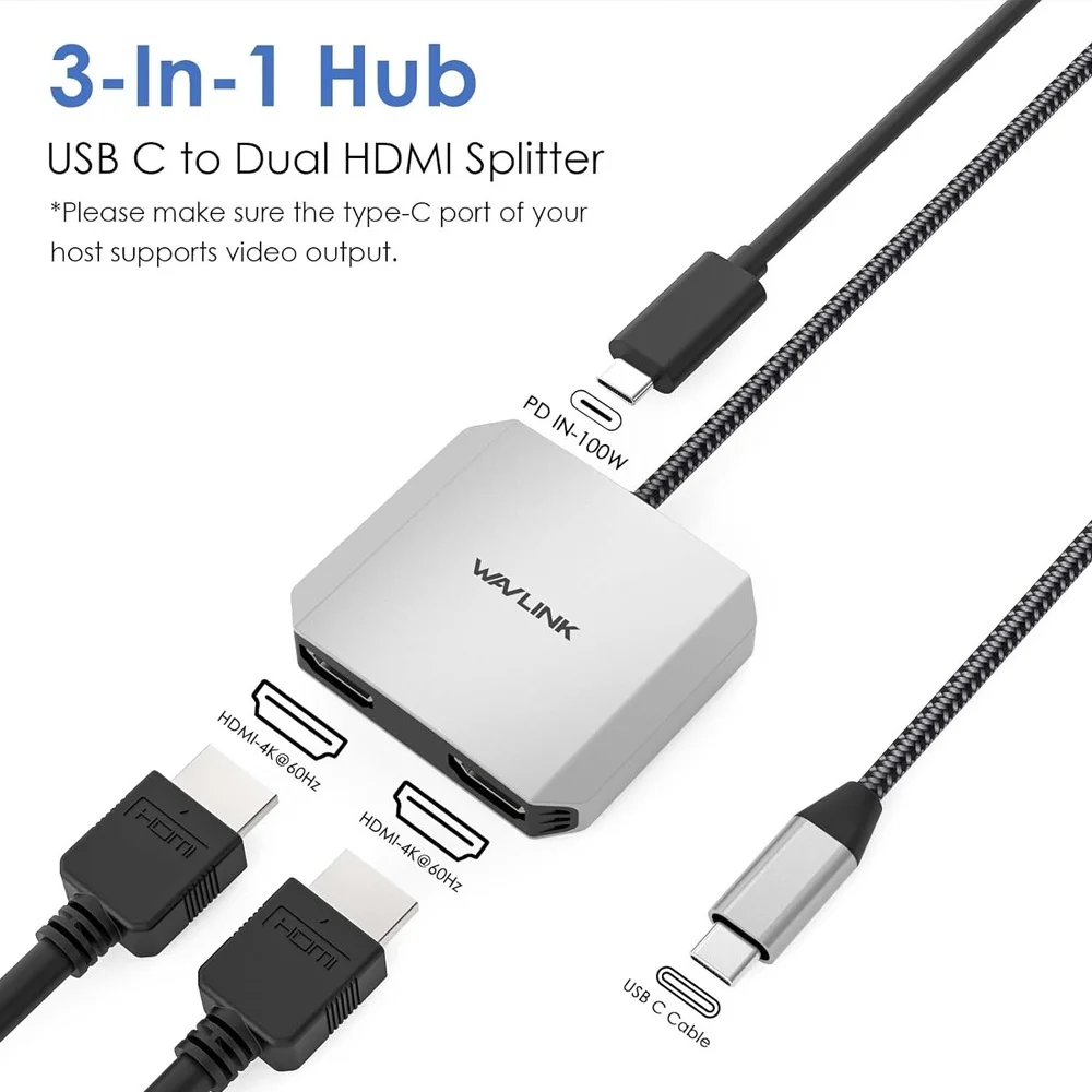 Imagem 4 de 5 do produto Conversor Usb C Wavlink Para Duplo HDMI 4k/60hz Pd 87w