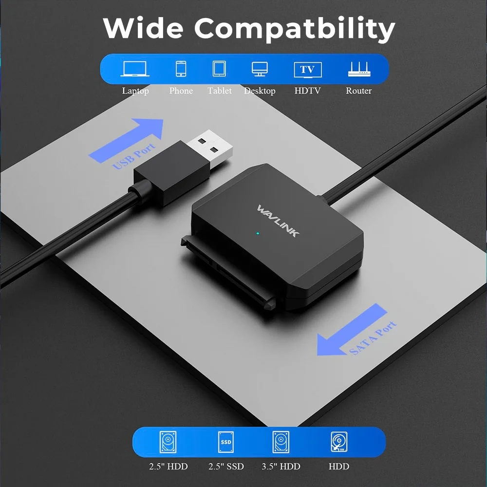 Imagem 3 de 5 do produto Cabo Disco Rígido Externo Wavlink Sata Para Usb A Preto