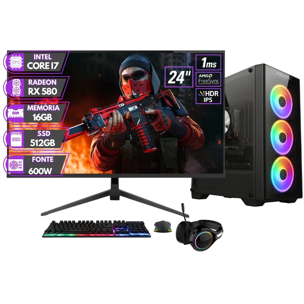 PC Gamer Completo Balão.info Rush - Intel Core i7 16gb Ram Radeon Rx 580 8GB SSD 512gb Monitor 24" 1ms 100hz Full Hd - Pgbp-rus1064