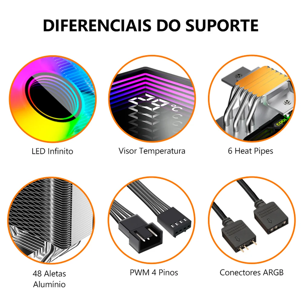 Air Cooler Gamer GT600 para AMD/Intel, 6 Heat Pipes, Preto, ARGB com Visor de Temperatura, Coolmoon GT-600 Air Cooler Gamer GT600 para AMD/Intel, 6 Heat Pipes, Preto, ARGB com Visor de Temperatura, Coolmoon GT-600