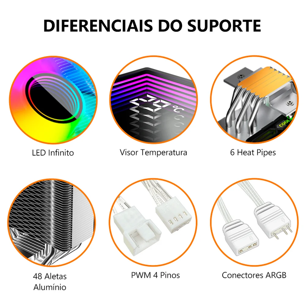 Imagem 3 de 5 do produto Air Cooler Gamer GT600 para AMD/Intel, 6 Heat Pipes, Branco, ARGB com Visor de Temperatura, Coolmoon GT-600