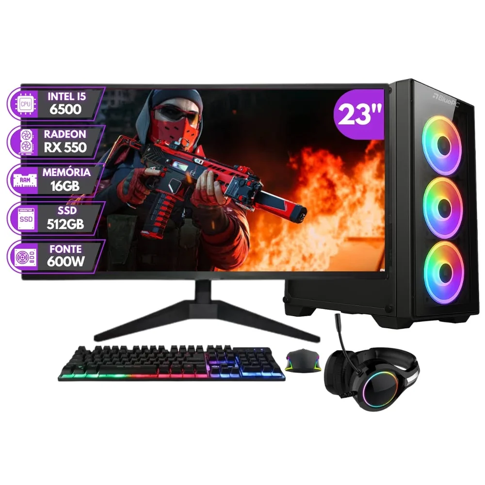 PC Gamer Completo Balão.info Rush - Intel Core i5 6500 16gb Ddr4 Radeon Rx 550 4gb SSD 512gb Monitor 23" 75hz Full Hd - Pgbp-rus1051
