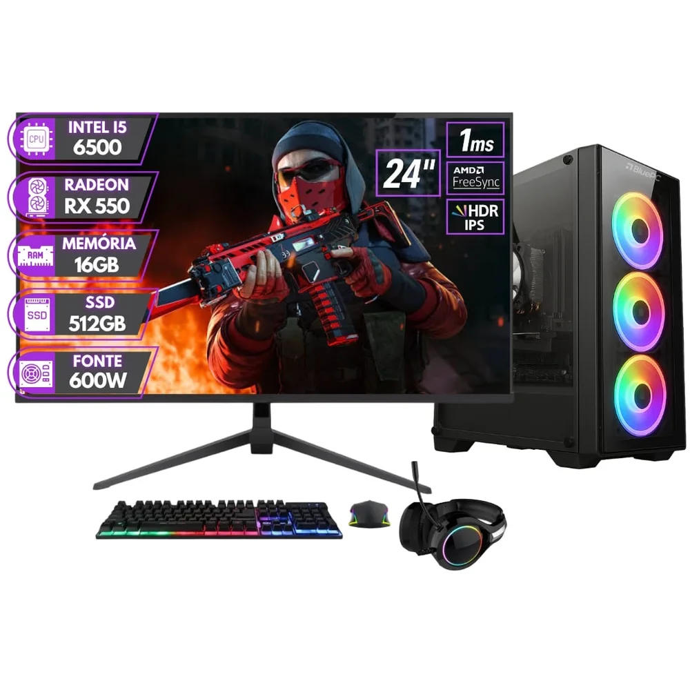 PC Gamer Completo Balão.info Rush - Intel Core i5 6500 16gb Ddr4 Radeon Rx 550 4gb SSD 512gb Monitor 24" 1ms 100hz Full Hd - Pgbp-rus1066
