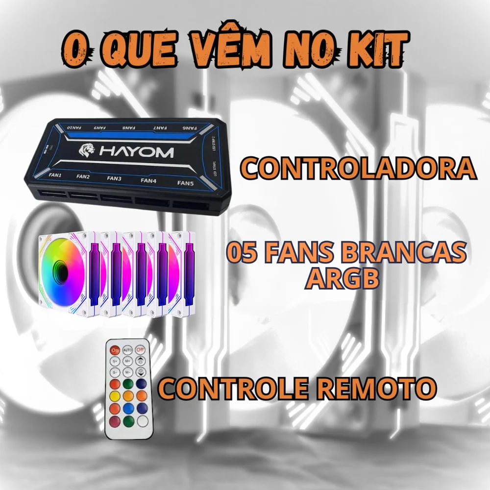 Imagem 5 de 5 do produto Kit 5 Fans Brancas 6 Pinos ARGB RGB C/ Controladora Controle