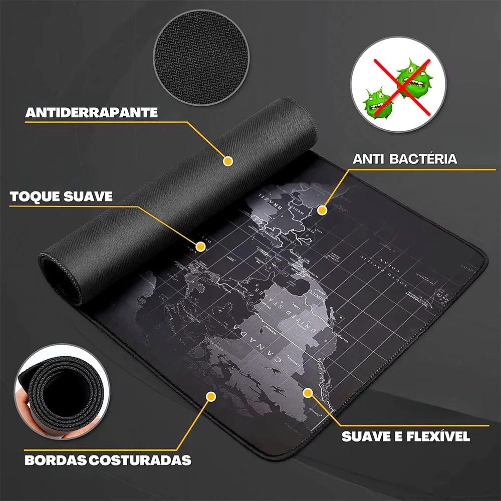 Mouse Pad Gamer Pad Profissional Premium, Com Borda Costurada 700x350x3. Mapa Mundi, Preto Mouse Pad Gamer Pad Profissional Premium, Com Borda Costurada 700x350x3. Mapa Mundi, Preto