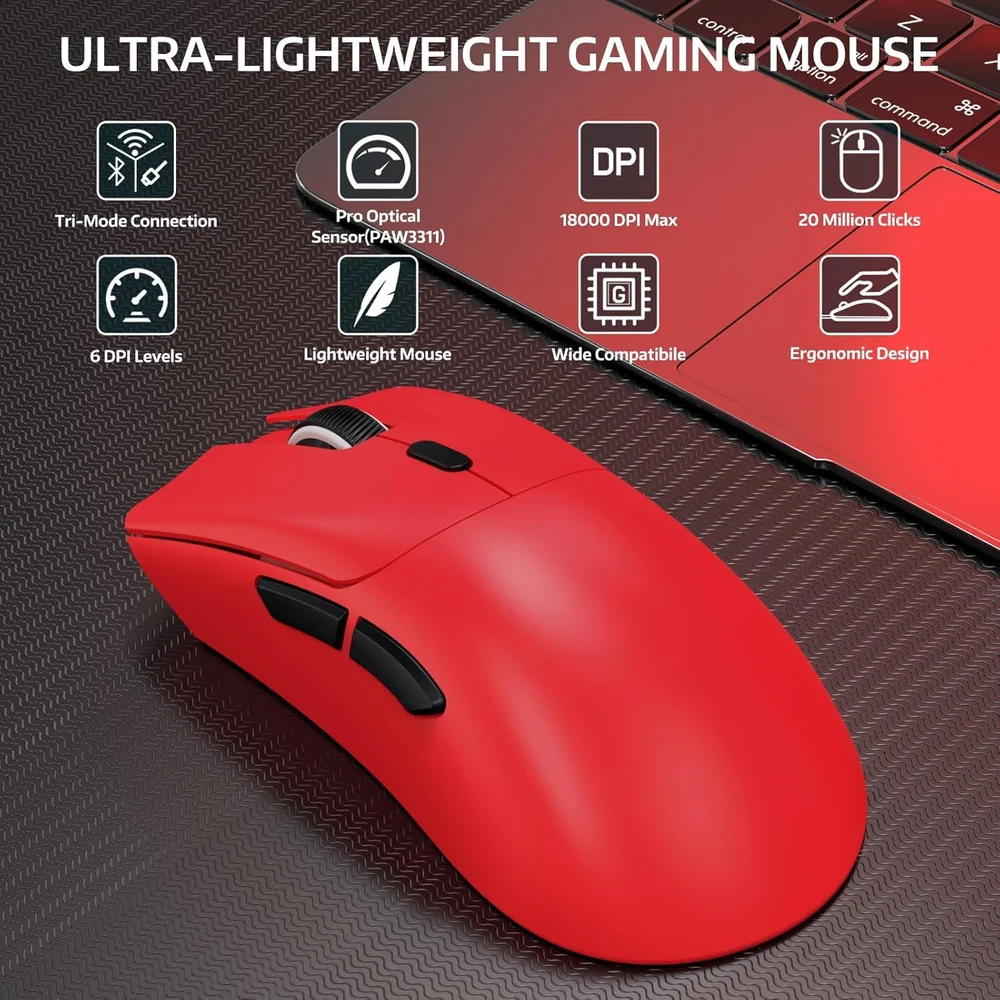Imagem 2 de 5 do produto Mouse Gamer Sem Fio Attack Shark R1, 18000 Dpi, 55g, Tri-mode, Sensor Paw3311, Vermelho