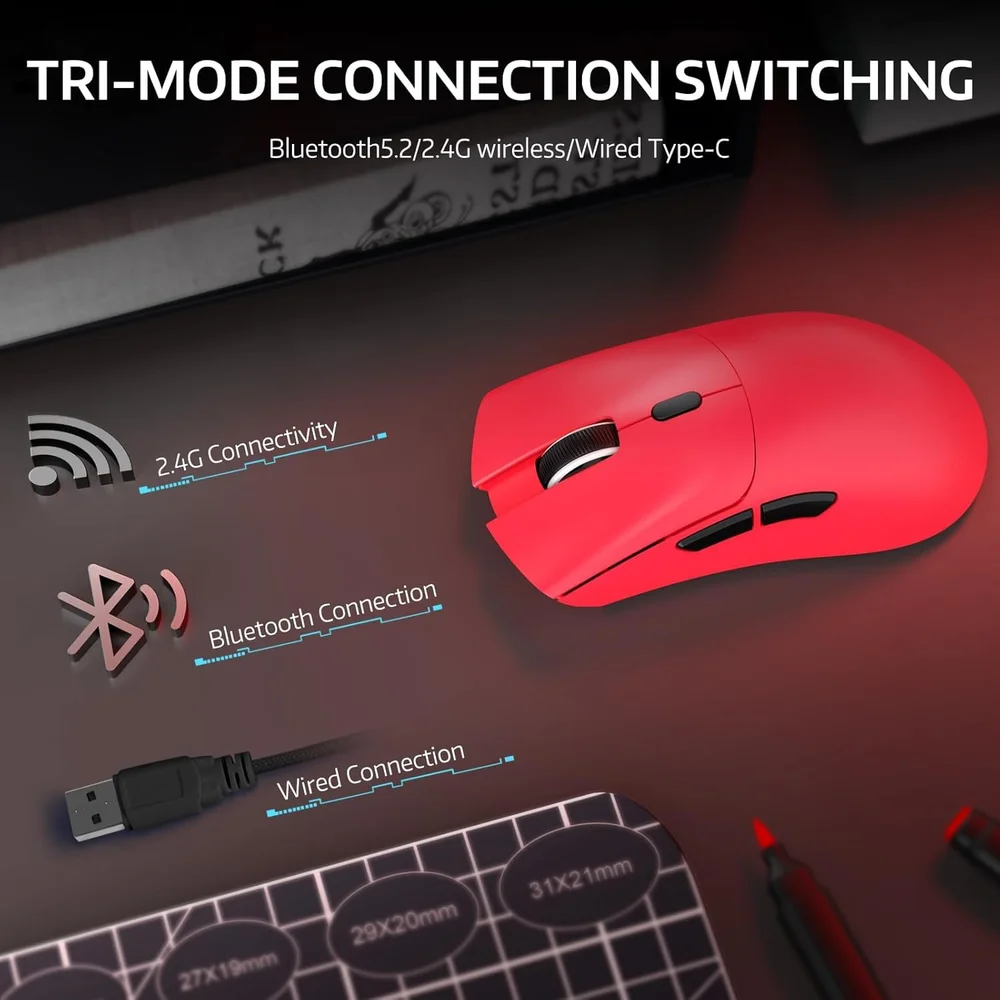 Imagem 3 de 5 do produto Mouse Gamer Sem Fio Attack Shark R1, 18000 Dpi, 55g, Tri-mode, Sensor Paw3311, Vermelho