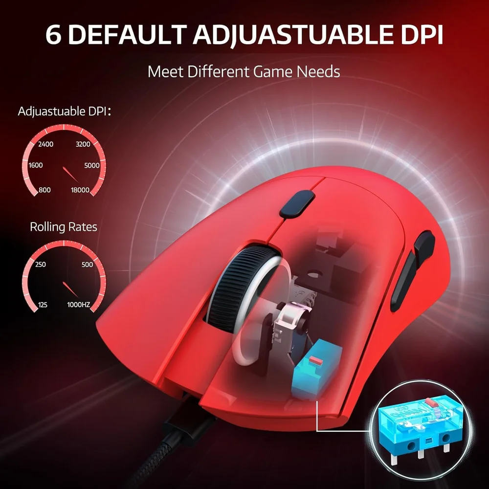 Imagem 5 de 5 do produto Mouse Gamer Sem Fio Attack Shark R1, 18000 Dpi, 55g, Tri-mode, Sensor Paw3311, Vermelho