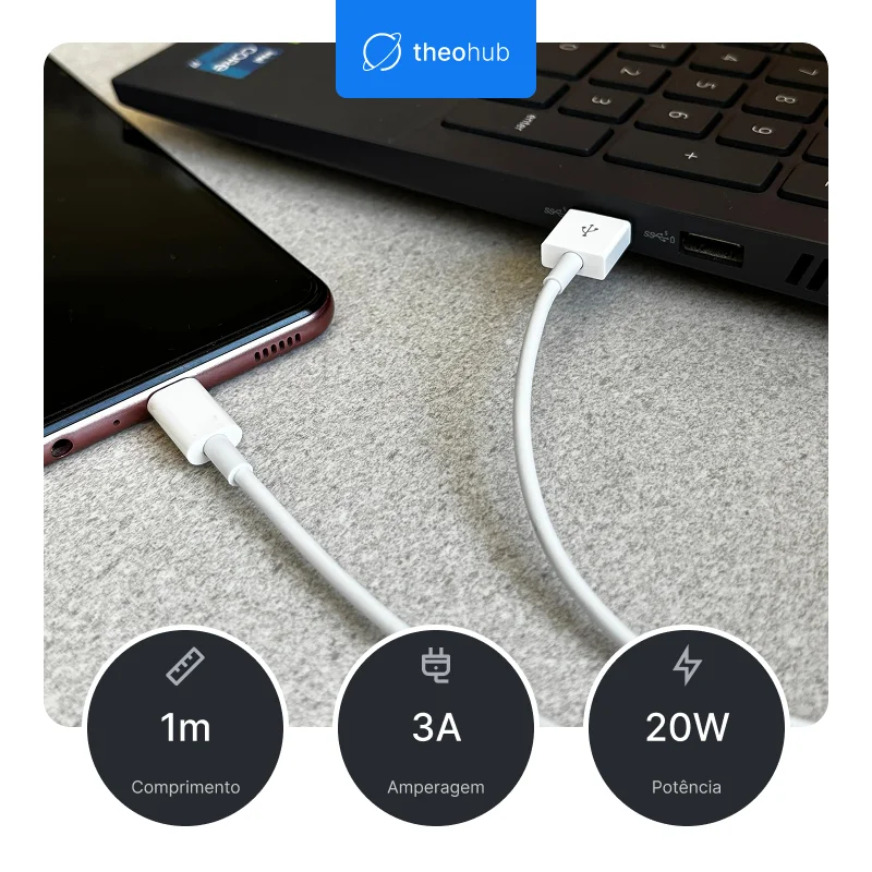 Imagem 3 de 5 do produto Cabo Usb P/ Tipo C Carga Rápida 20w 3a 1m Branco Carregador