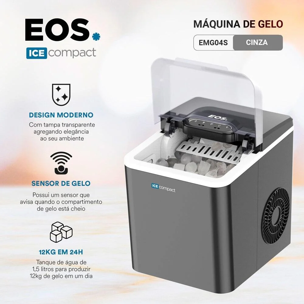 Imagem 4 de 5 do produto Máquina De Gelo 12kg Eos Ice Compact Emg04t Cinza 110v