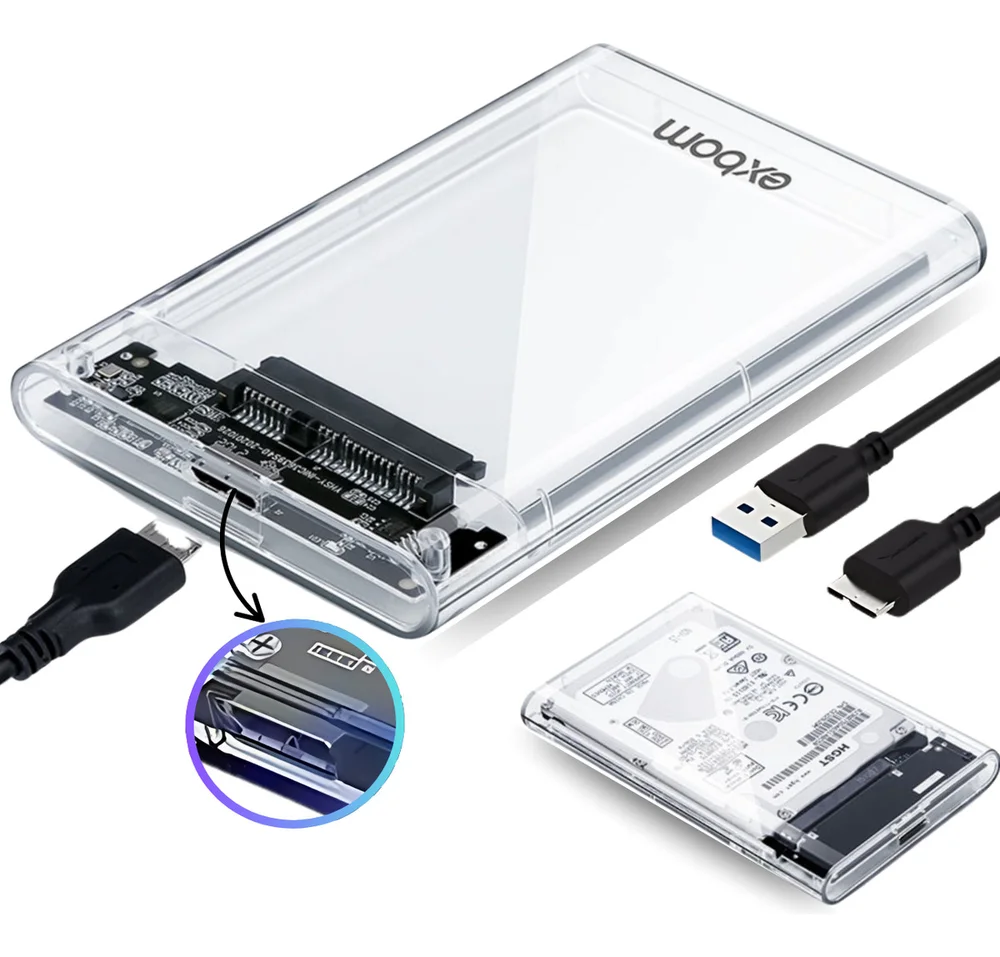 Imagem 2 de 5 do produto Case Externo HD e SSD Kit 2 un. Exbom Transparente Sata 2.5 Usb 3.0 Compatível com Notebooks, PC, TV e Jogos Console