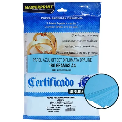 Papel Azul Diplomata/liso/offset 180g A4 - 50 Fls