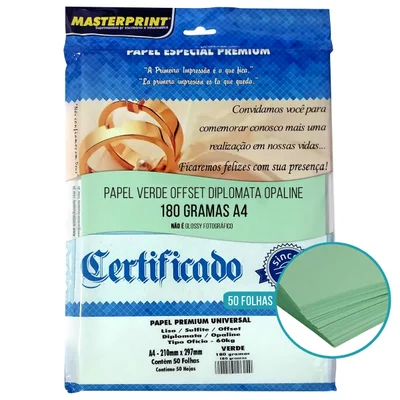 Papel Verde Diplomata/liso/offset 180g A4 - 50 Fls