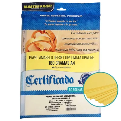 Papel Amarelo Diplomata/liso/offset 180g A4 - 50 Fls