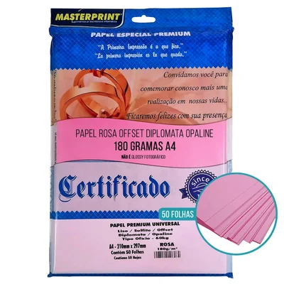 Papel Rosa Diplomata/liso/offset 180g A4 - 50 Fls