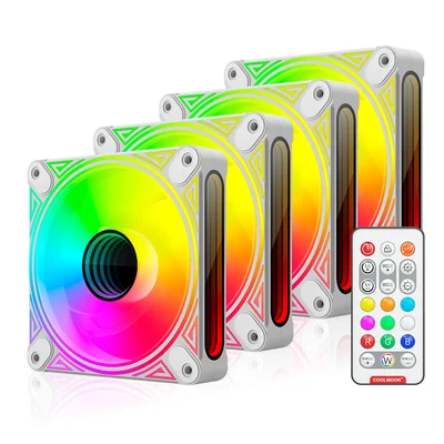 Kit 4 Cooler Fan Coolmoon DM1 Alta Performance, Branco, Pwm 4 Pinos, ARGB 3 Pinos, Silencioso, 800-1800 RPM, Com Controlador de LED