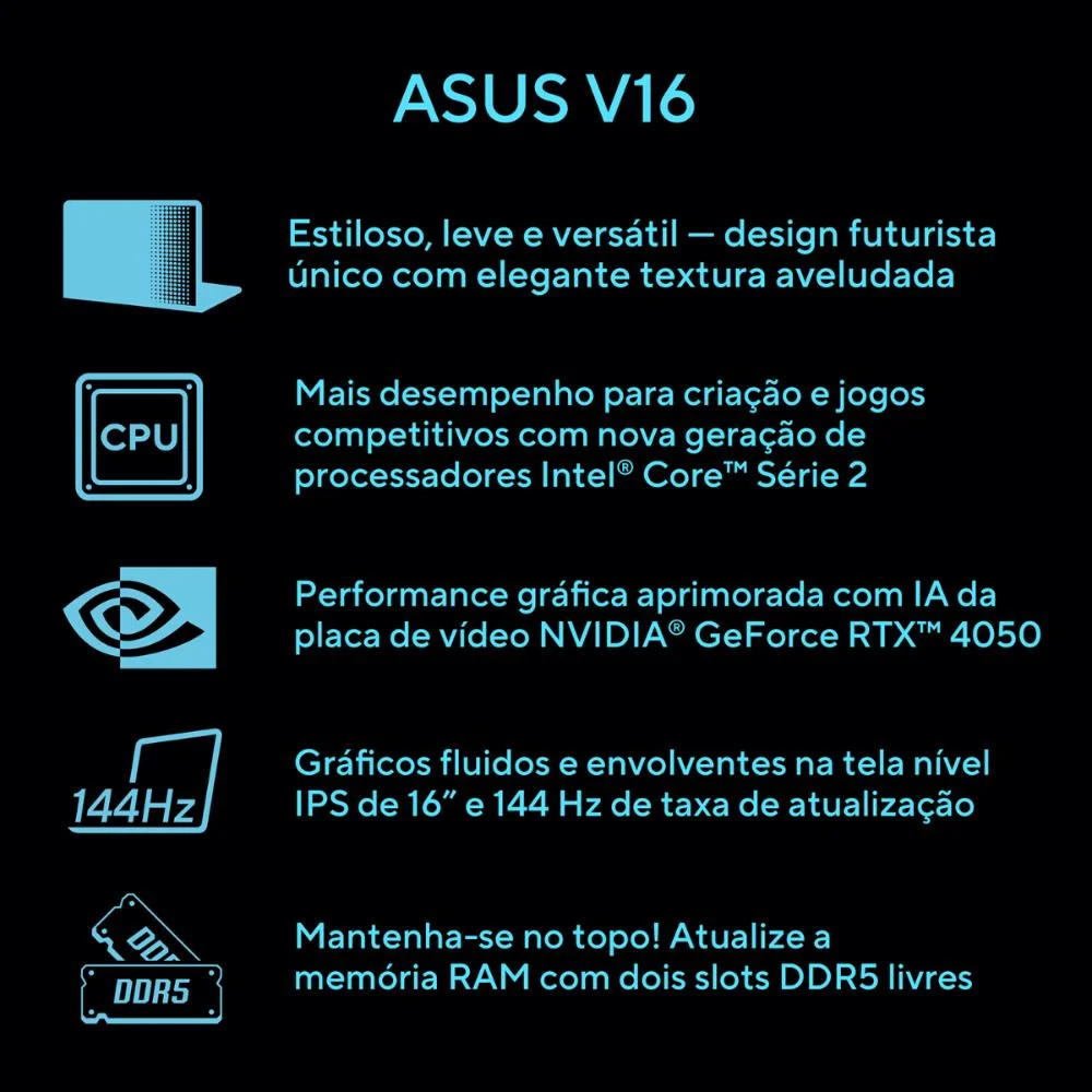 Imagem 4 de 5 do produto Notebook Asus V16 V3607vu Nvidia RTX 4050 Intel Core 5 210h 16gb Ram 512gb SSD WINDOWS 11 Home Tela 16" LED Fhd 144hz Nível Ips Black - Rp306w