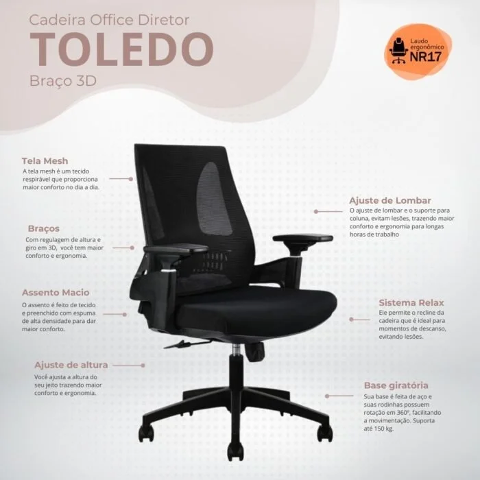 Imagem 4 de 5 do produto Cadeira De Escritório Diretor Ergonômica Premium ToLEDo Preto