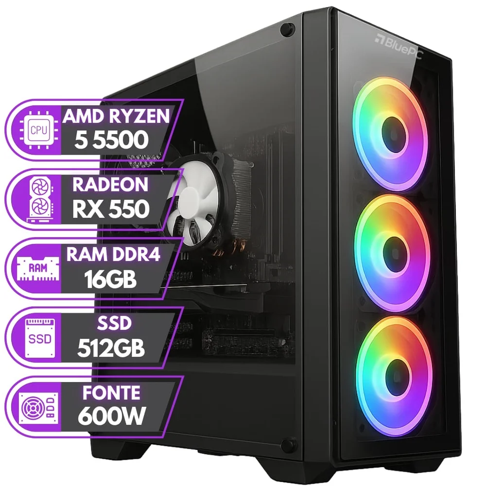 PC Gamer Balão.info Rush - Amd Ryzen 5 5500 16gb Ddr4 Radeon Rx 550 4gb SSD 512gb - Pgbp-rus1012