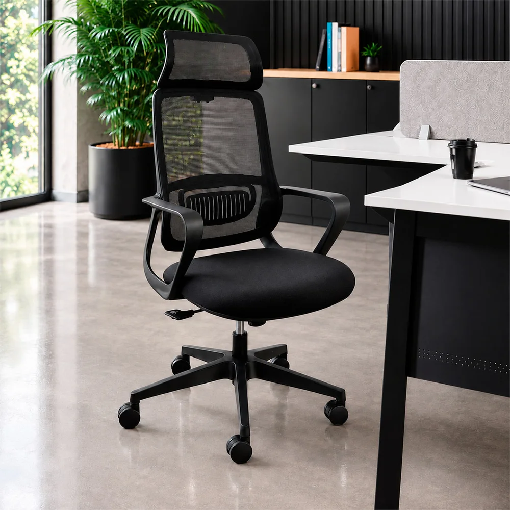 Cadeira de Escritório Presidente Oficial Comfort Vinci Ergonômica com Apoio de Cabeça, Apoio Lombar, Encosto em Tela Mesh e Base Giratória - Preta