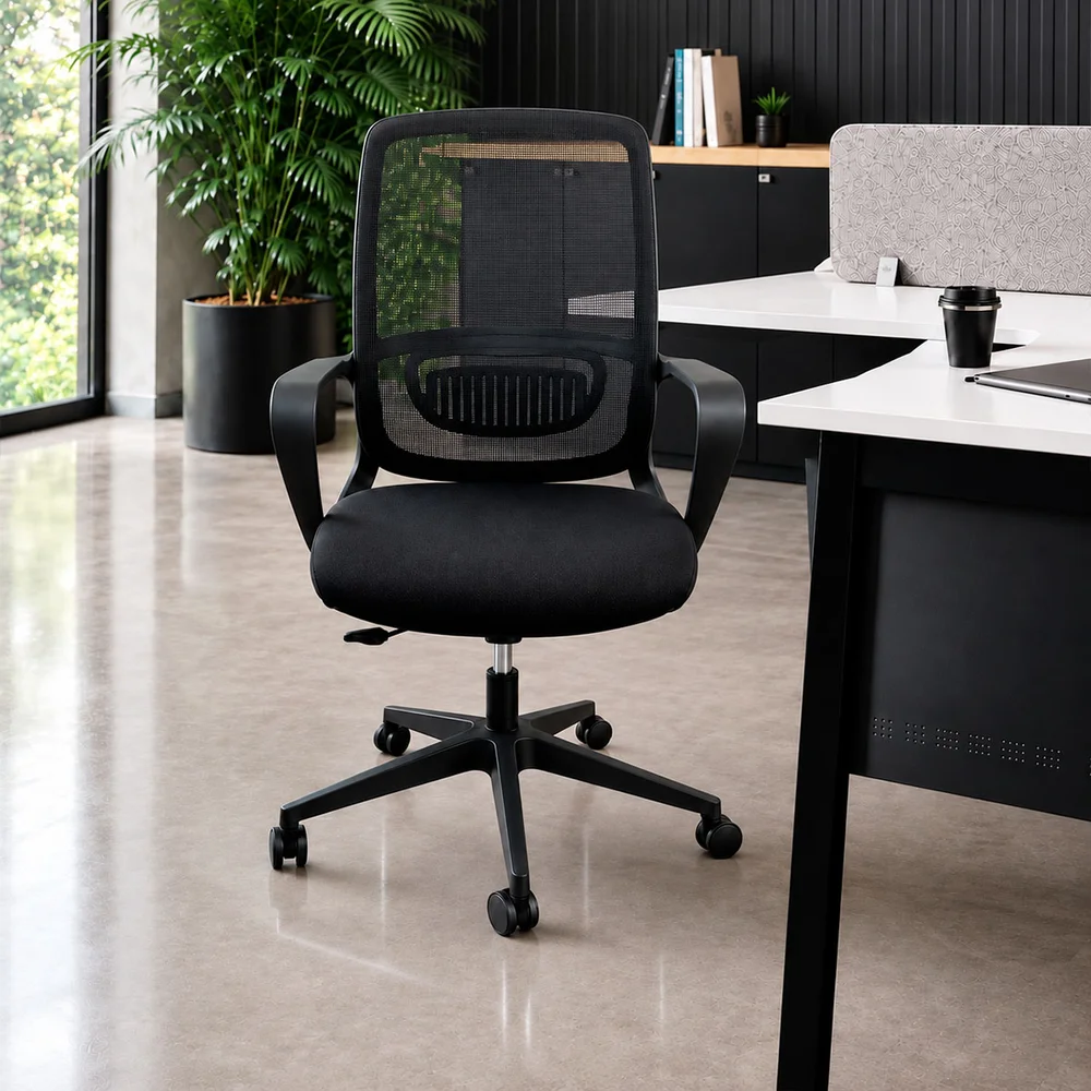 Cadeira de Escritório Presidente Oficial Comfort Vinci Ergonômica com Apoio Lombar, Encosto em Tela Mesh e Base Giratória - Preta