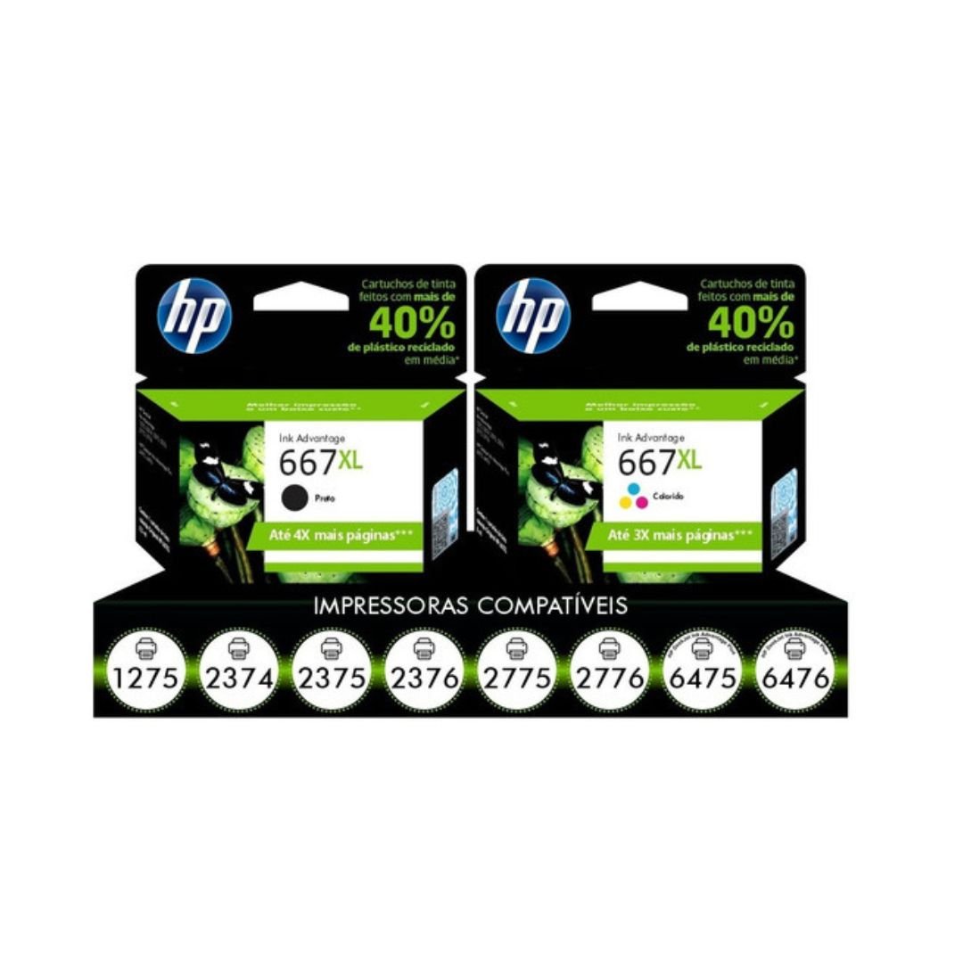 Kit De Cartucho Hp 667xl Preto + Color   Para Hp Deskjet 2376/ 2776/ 6476, 5076/ 5276