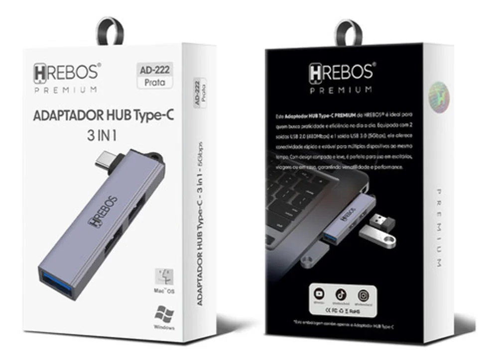Imagem 2 de 4 do produto Mini Hub Divisor Hrebos 3 Em 1 Usb-c P/ Usb-a Para Macbook
