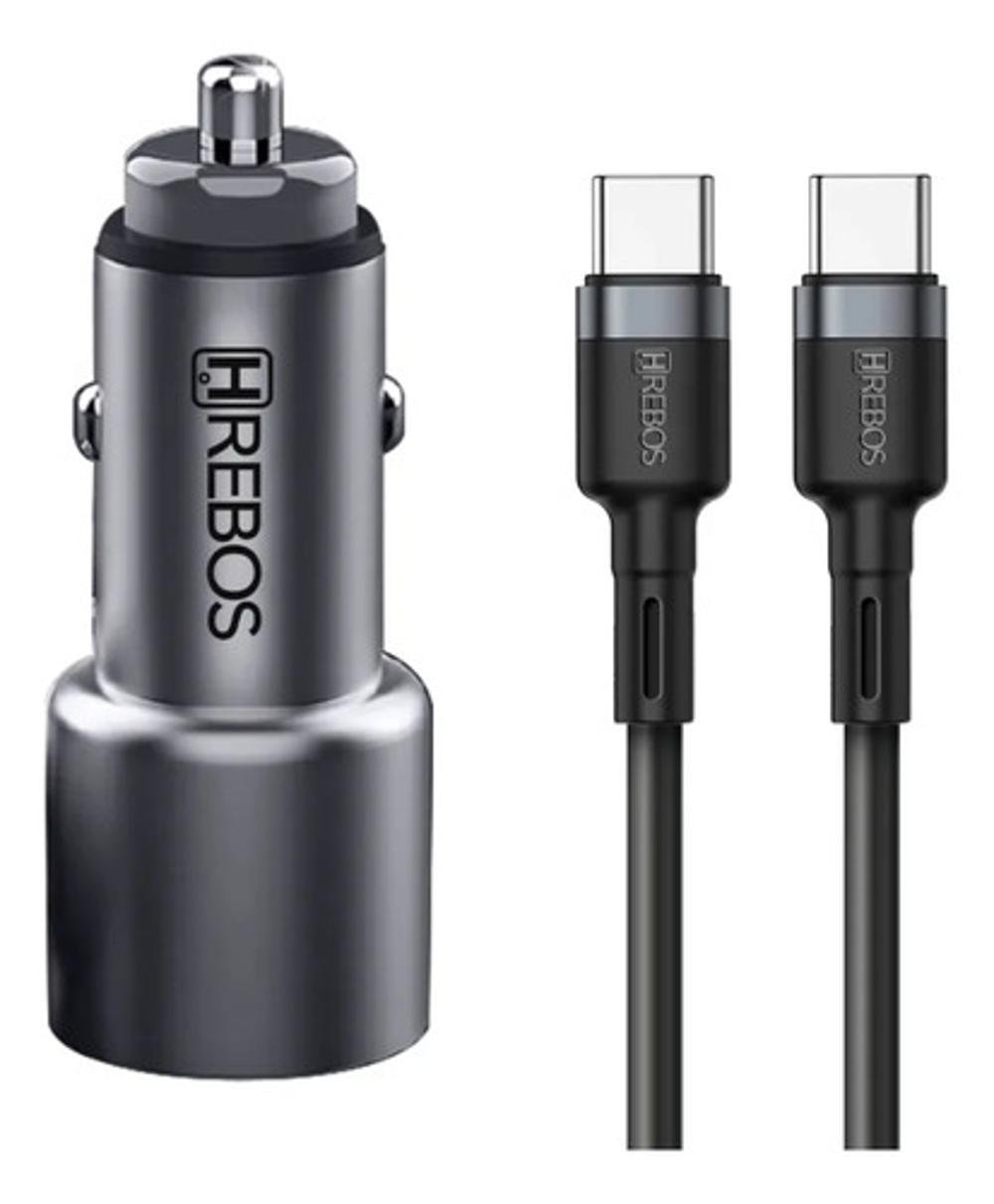 Carregador Veicular Duplo Hrebos Turbo + Cabo Tipo C